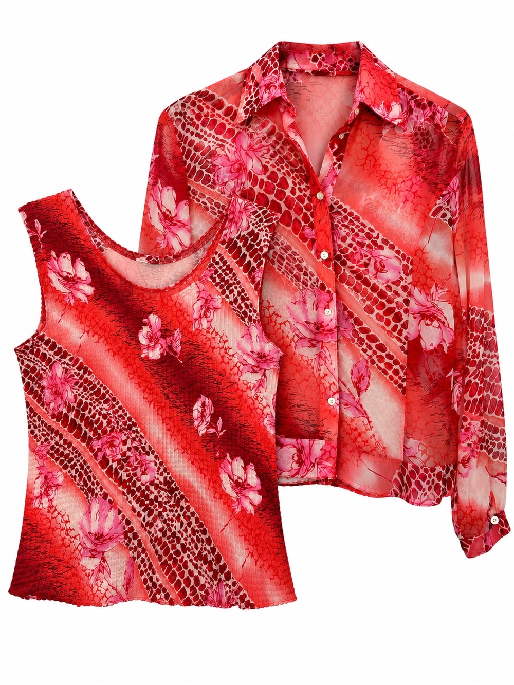 E.K. Designs Vintage 2 Piece Sheer Overlay Tank Top Red Pink Animal Floral M